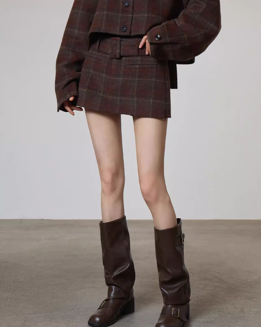 Retro Plaid Collarless Jacket / Mini Skirt SUY0019