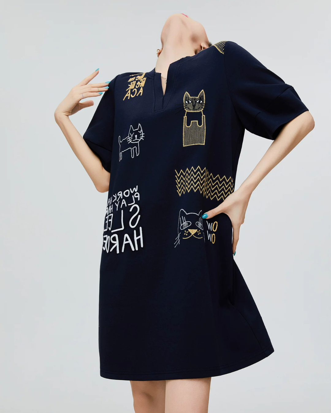Cat Embroidery Key Neck Dress FER0221