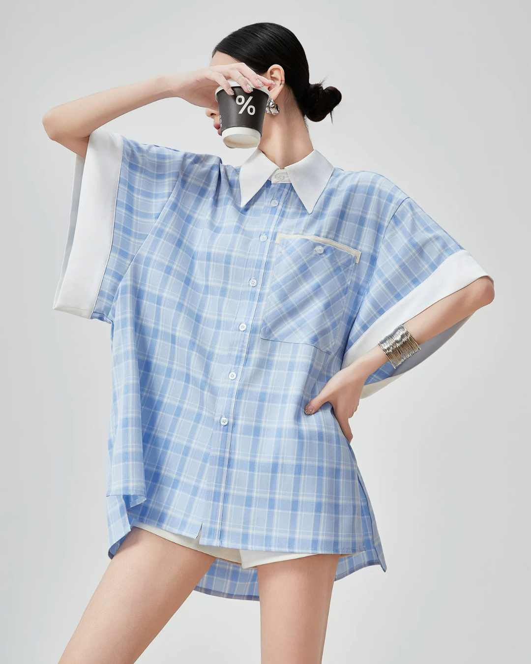 Plaid Patchwork Short-Sleeve Shirt FER0178