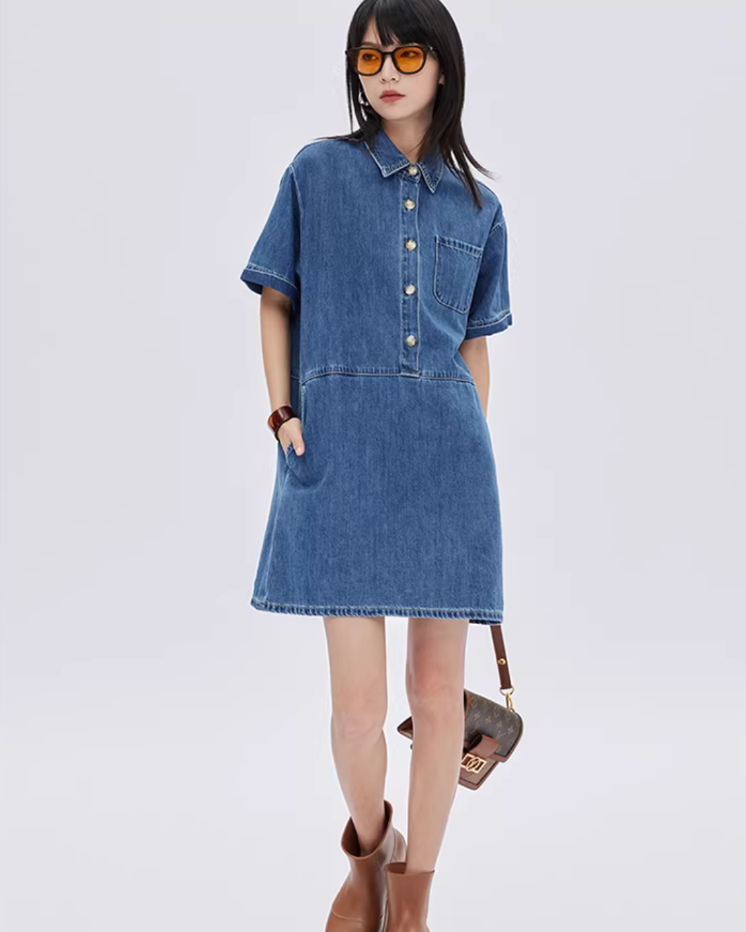 Polo Collar Denim Shirt Dress SHN0035