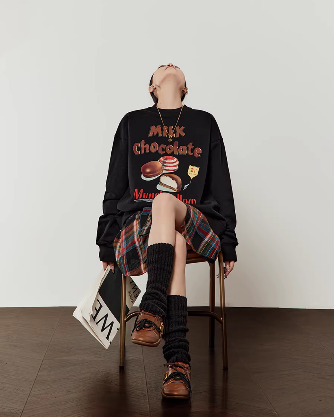 Chocolate Print Sweatshirt / Checkered Skirt LLA0641