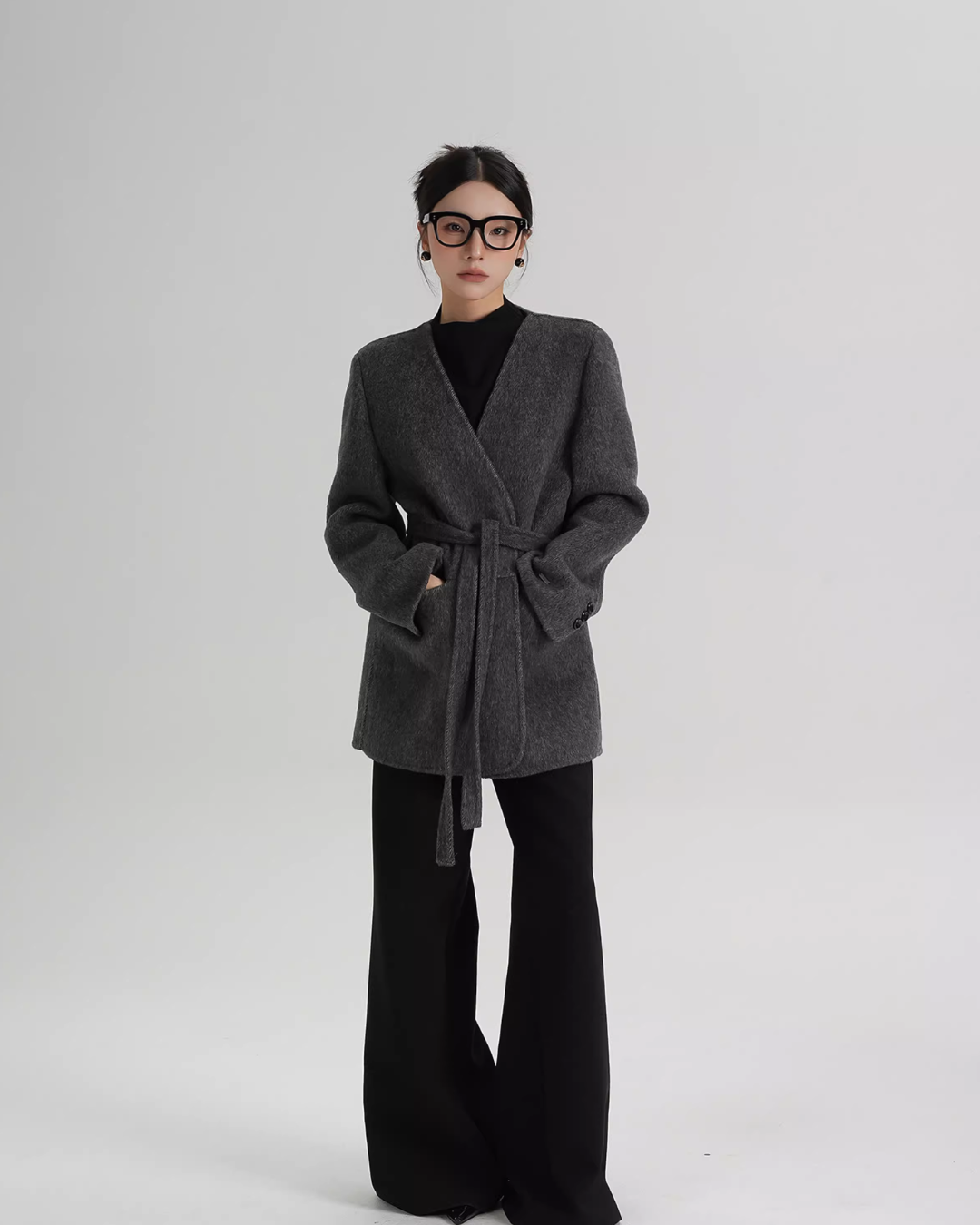 Collarless Wool Coat with Choker SRS0393