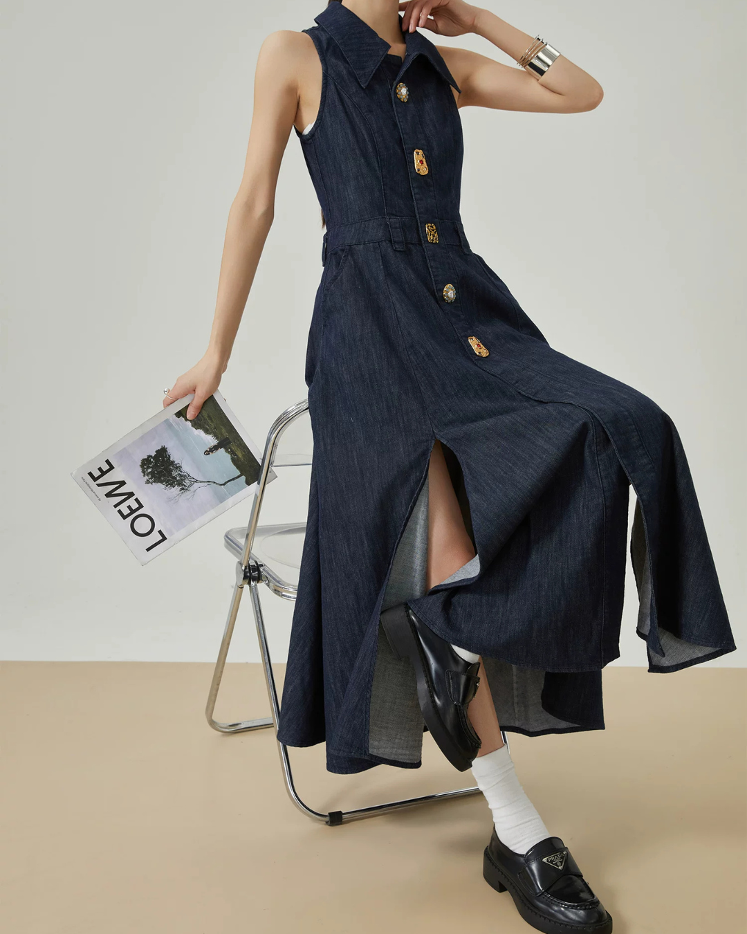 Gold Button Denim Sleeveless Dress FER0132