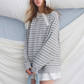 Button Lace Collar Striped Top ASG0085
