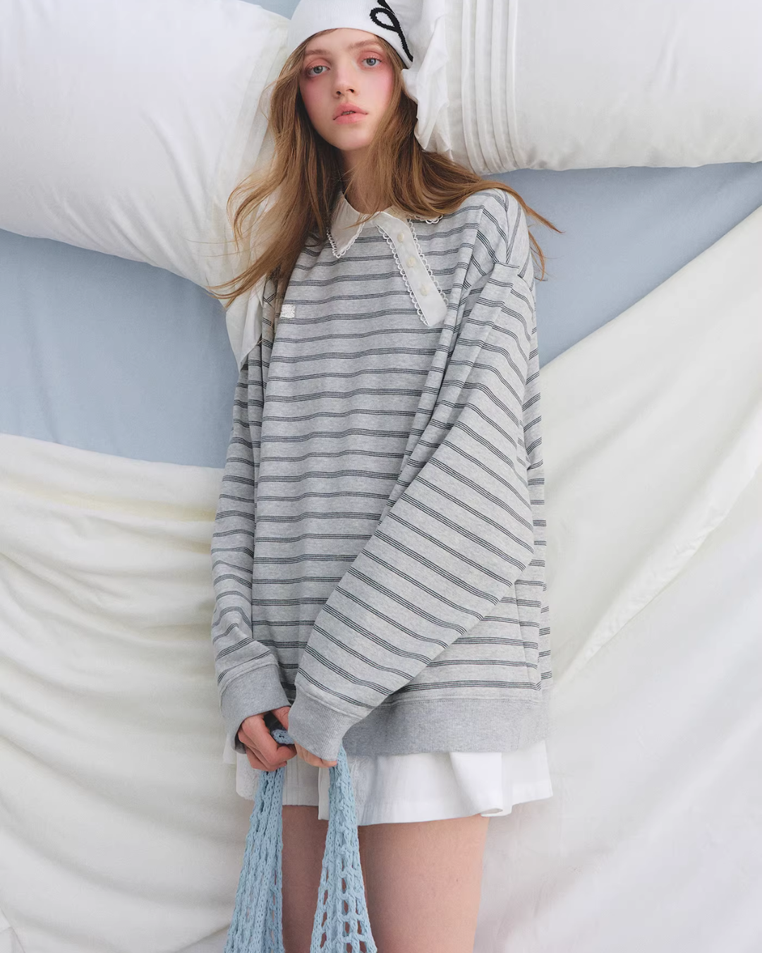 Button Lace Collar Striped Top ASG0085