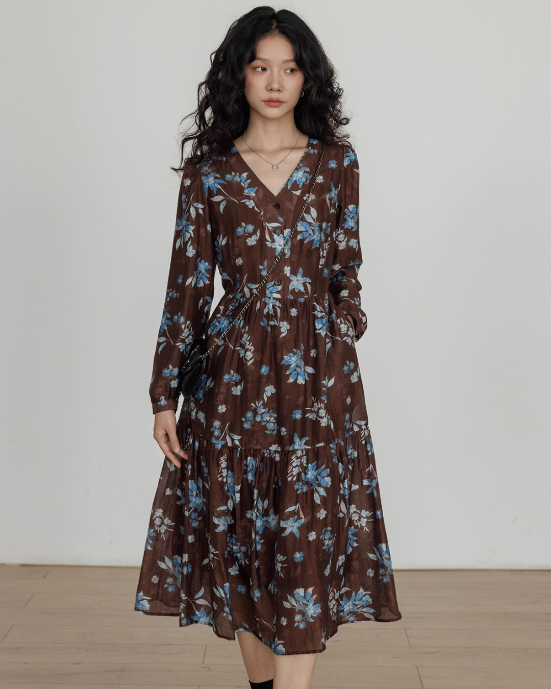 V-Neck Linen Print Elegant Dress VAS0151