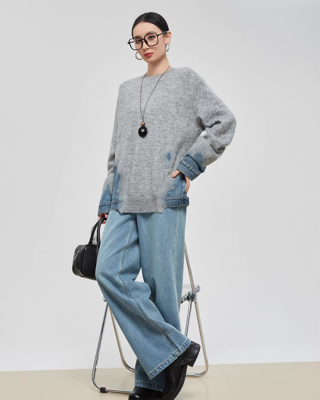 Denim Patchwork Crew Neck Top FER0056