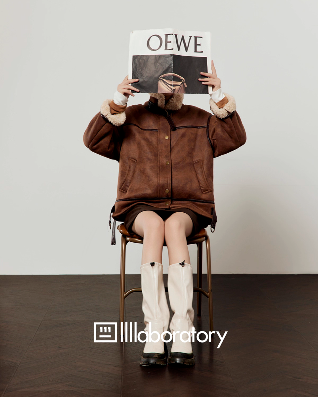 Stand Collar Mouton Jacket / Suede Mini Skirt LLA0572