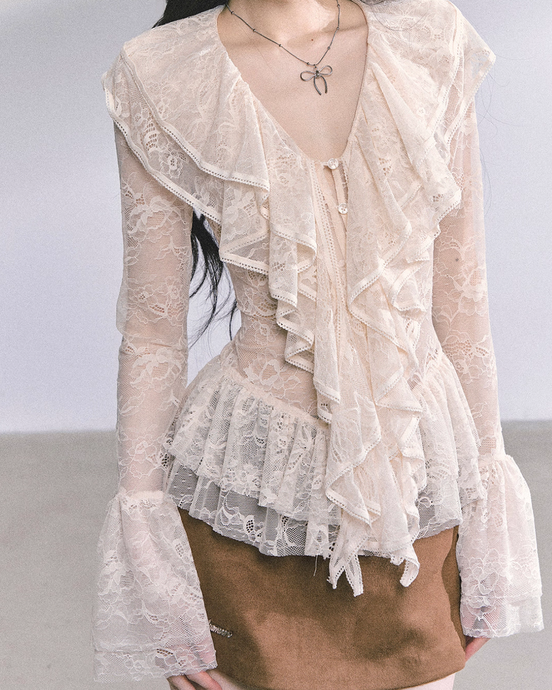 Wool Blazer Jacket/Mini Skirt/Frill Lace Blouse LAS0042