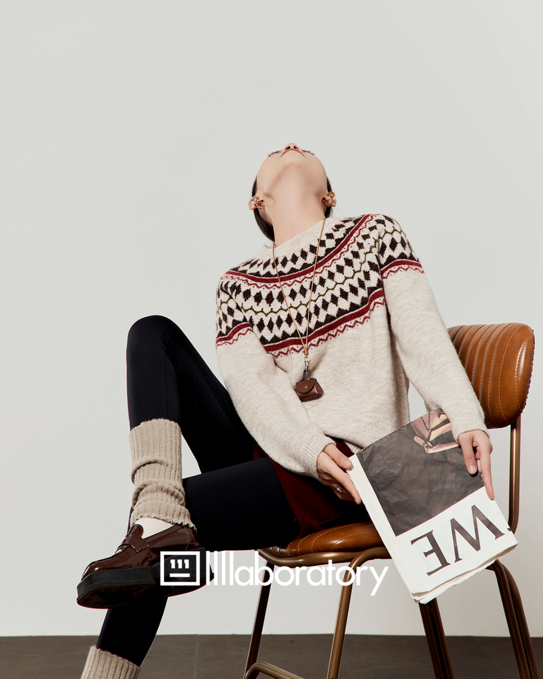 Nordic Crew Neck Knit/Suede Mini Skirt LLA0567