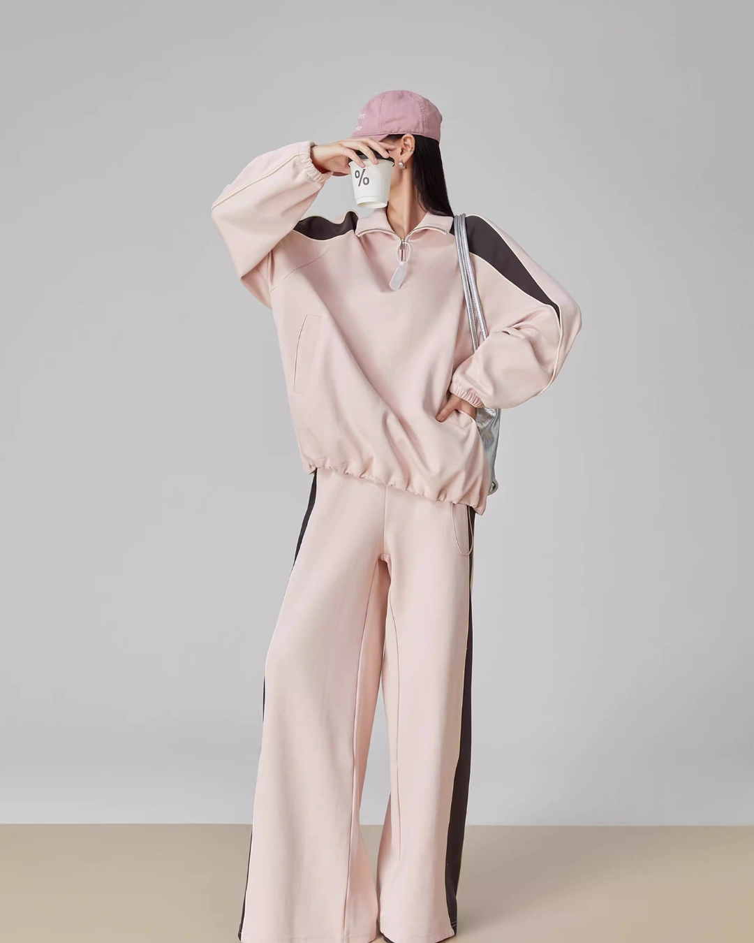Pink Stand-Collar Sweatshirt / Loose Sweatpants FER0061
