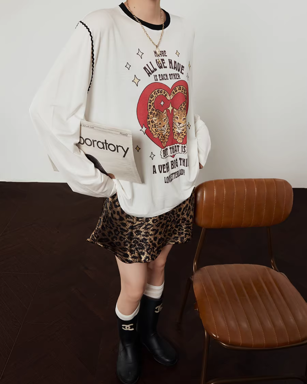 Love Tiger Long-Sleeve Top / Leopard Mini Skirt LLA0642