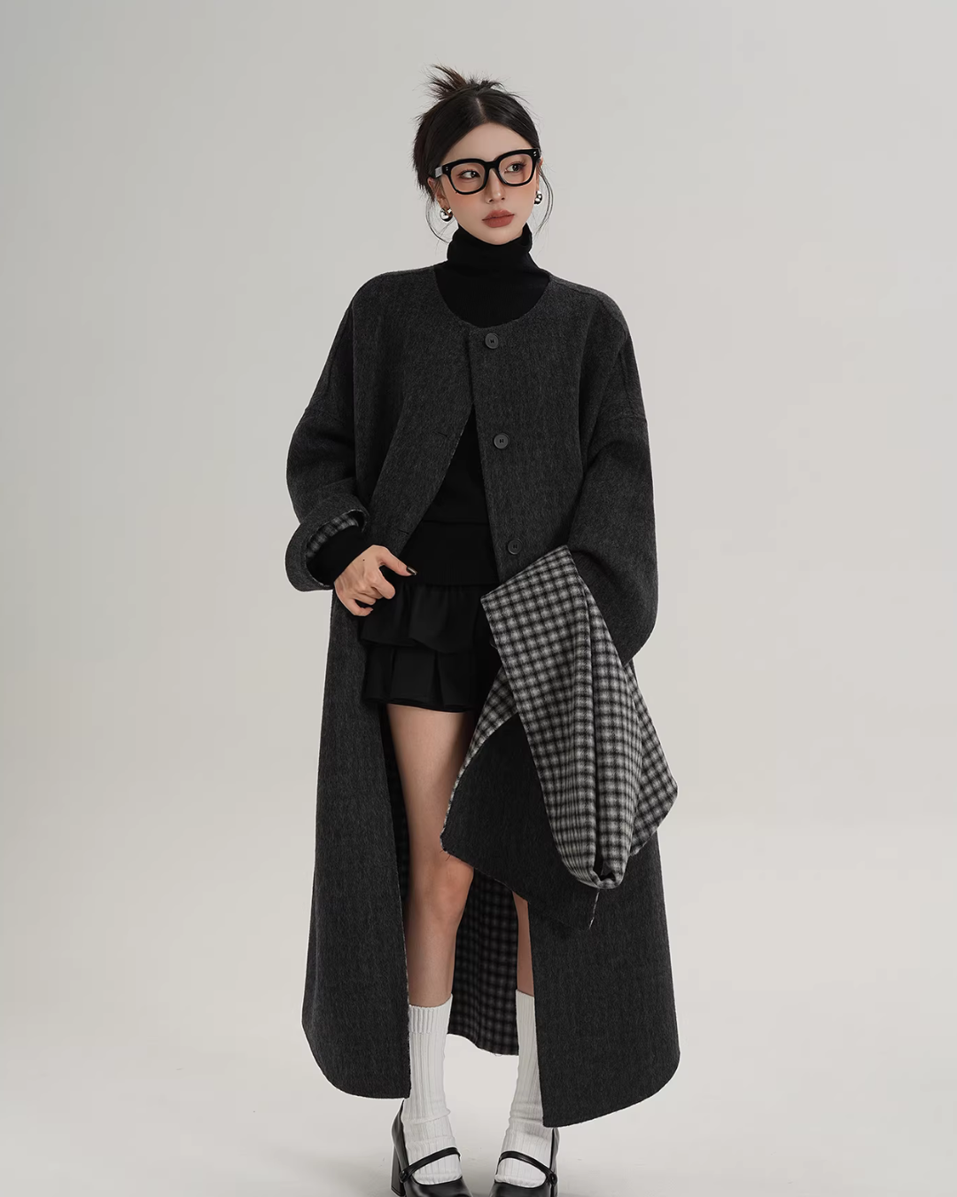 Collarless Coat with Checkered Scarf SRS0405