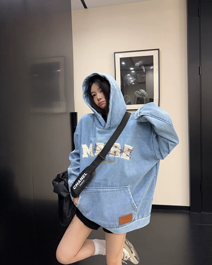 Oversize Retro Embroidered Denim Hoodie YLS1077