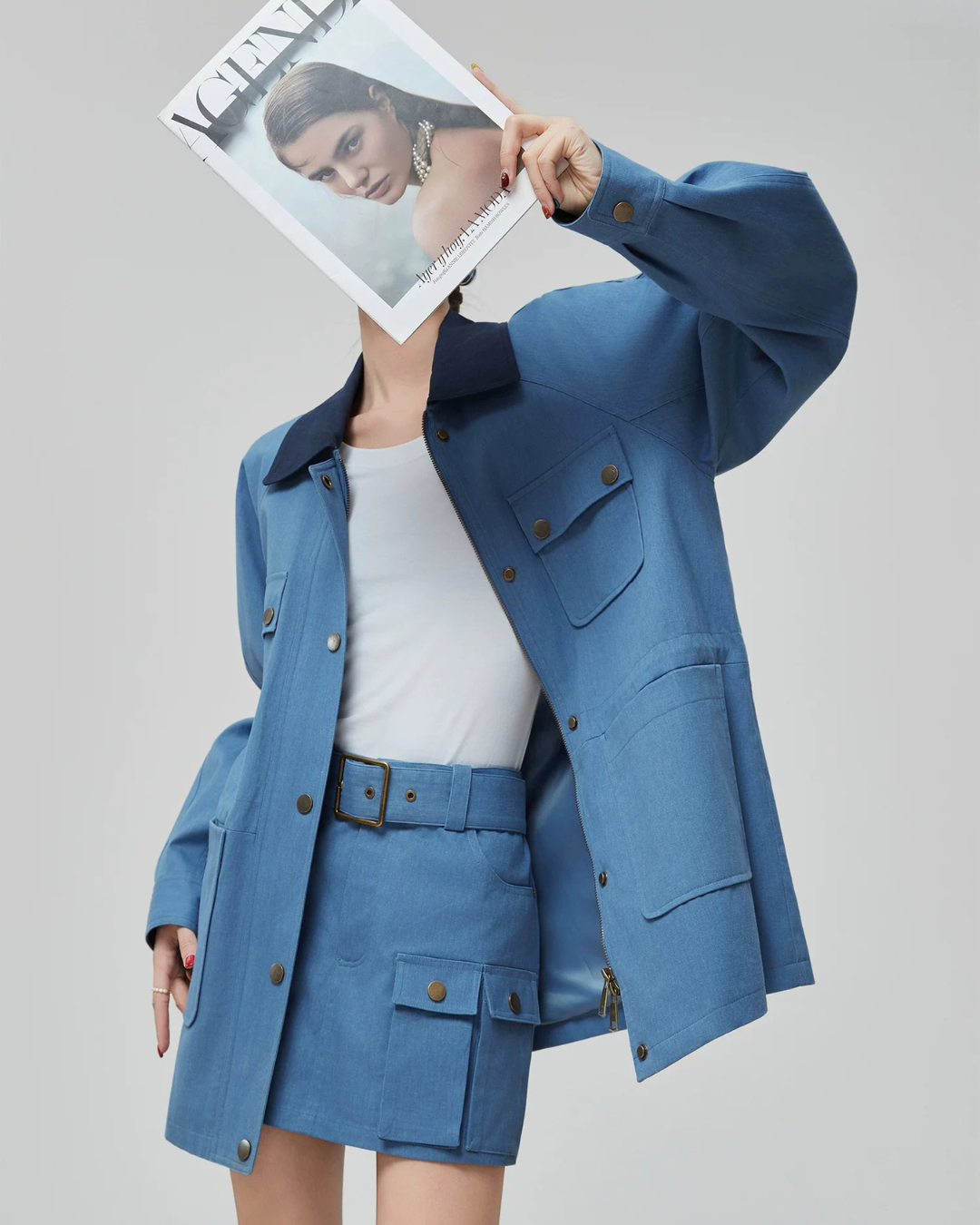 Blue Turn Collar Jacket / Work Skirt FER0376