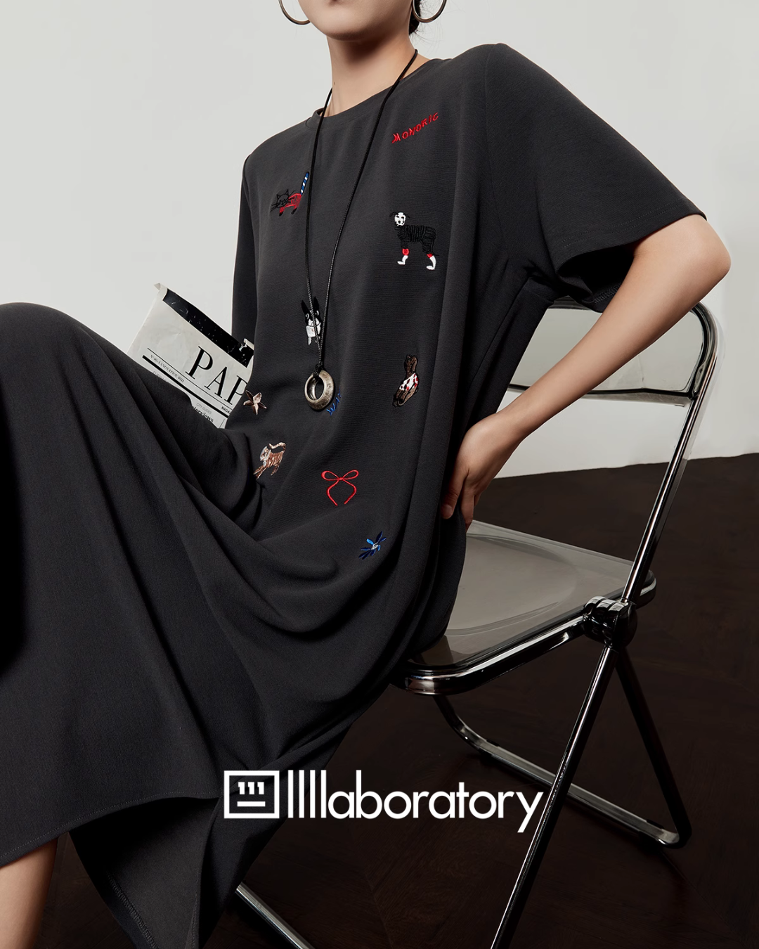 Dark Gray Animal Embroidery Dress LLA0487