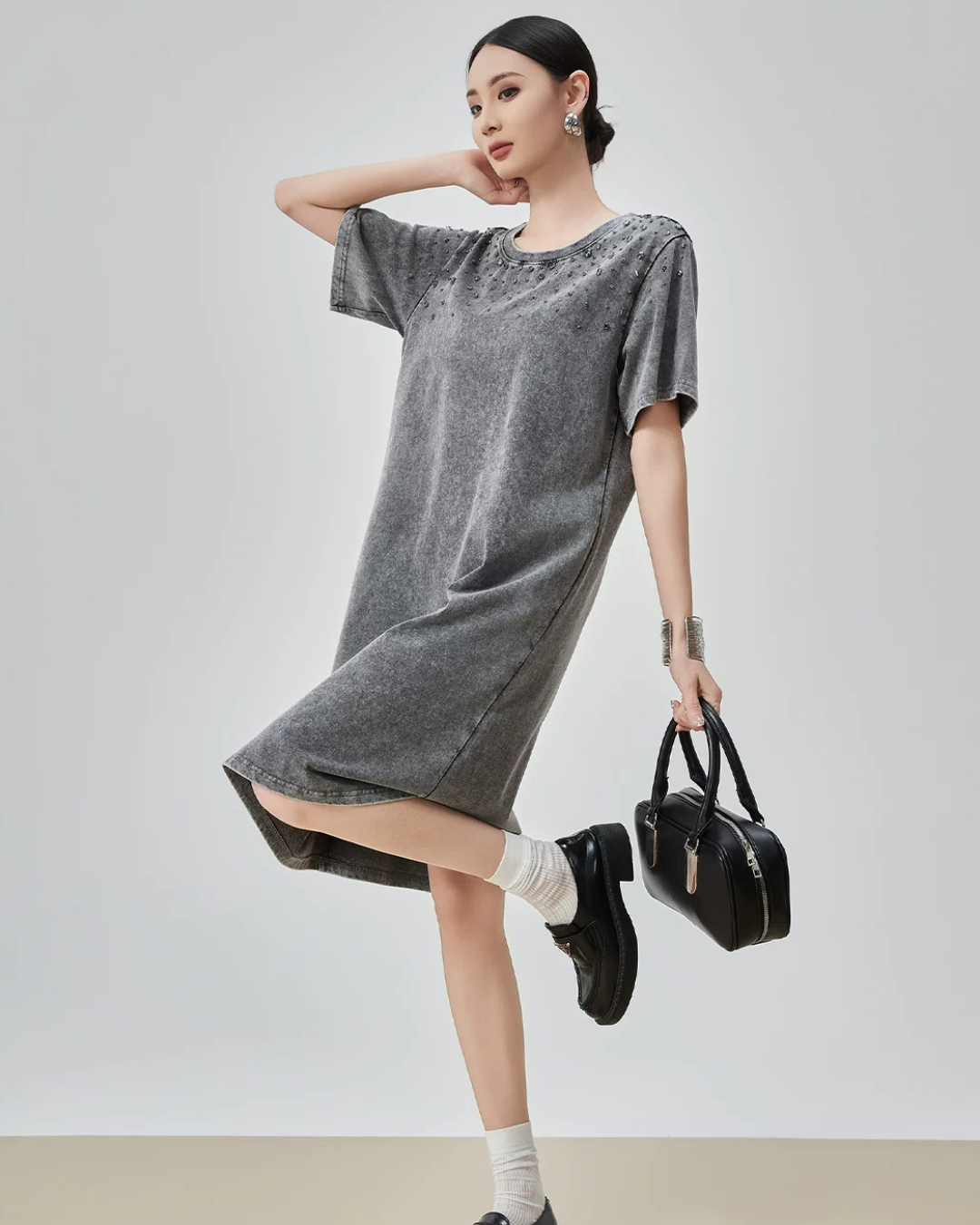 Chemical Wash Studs T-Shirt Dress FER0197