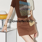 Two Color Graphic T-Shirt / Thick Belt Mini Skirt LLA0222