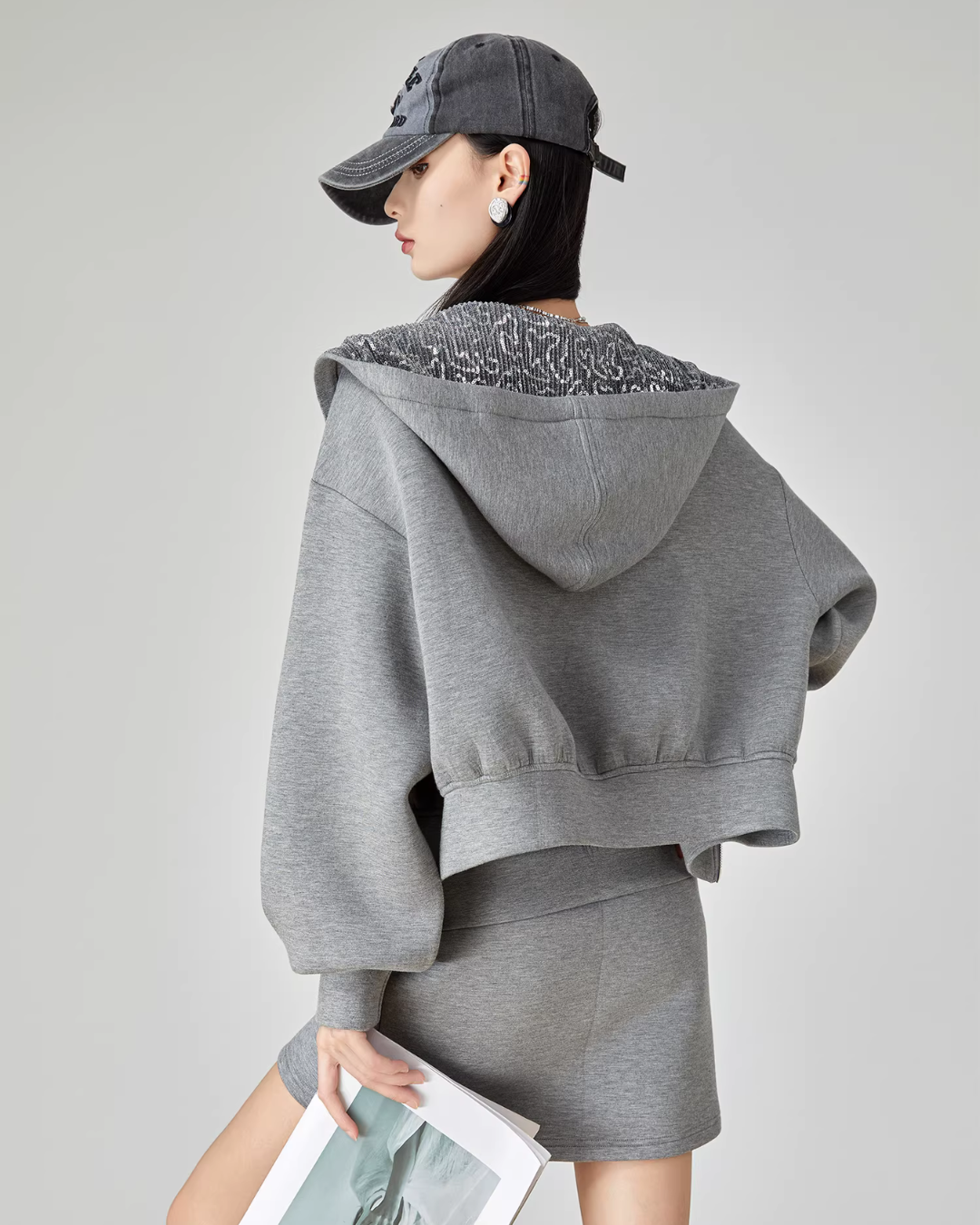 Gray Sequin Hood Jacket / A-Line Half Skirt  FER0039