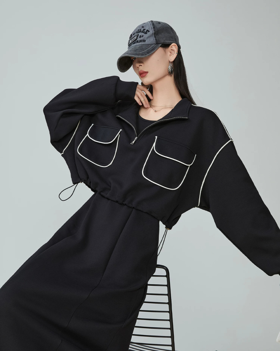 White Piping Half-Zip Top / Sleeveless Dress FER0297
