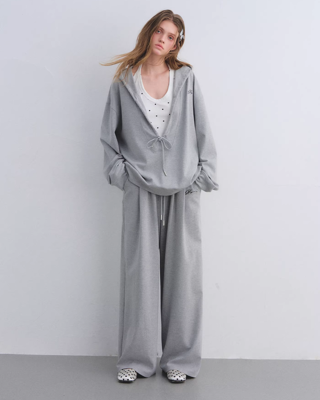 Polka Dot Vest V-Neck Hoodie / Loose Casual Sweatpants ASG0080