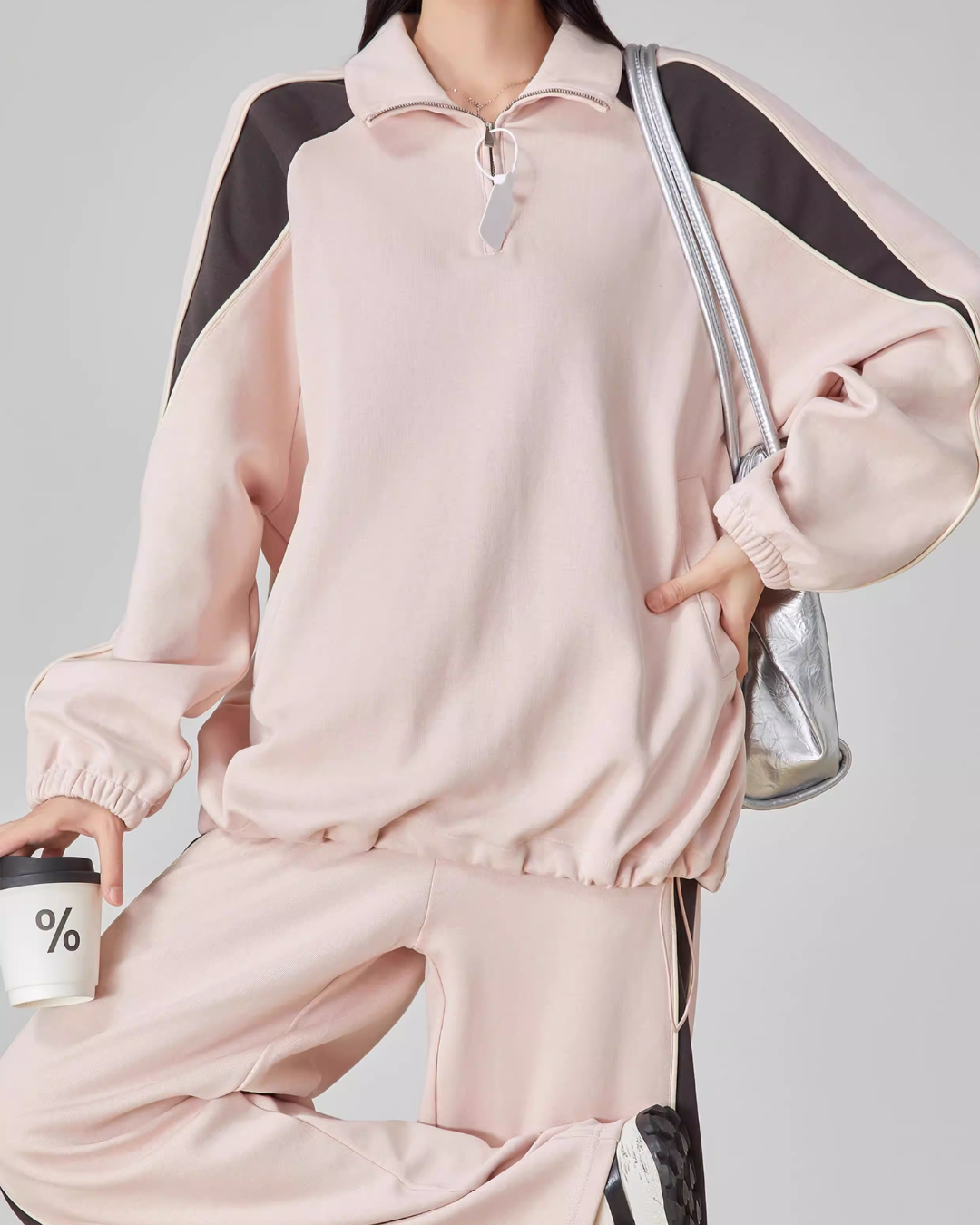 Pink Stand-Collar Sweatshirt / Loose Sweatpants FER0061