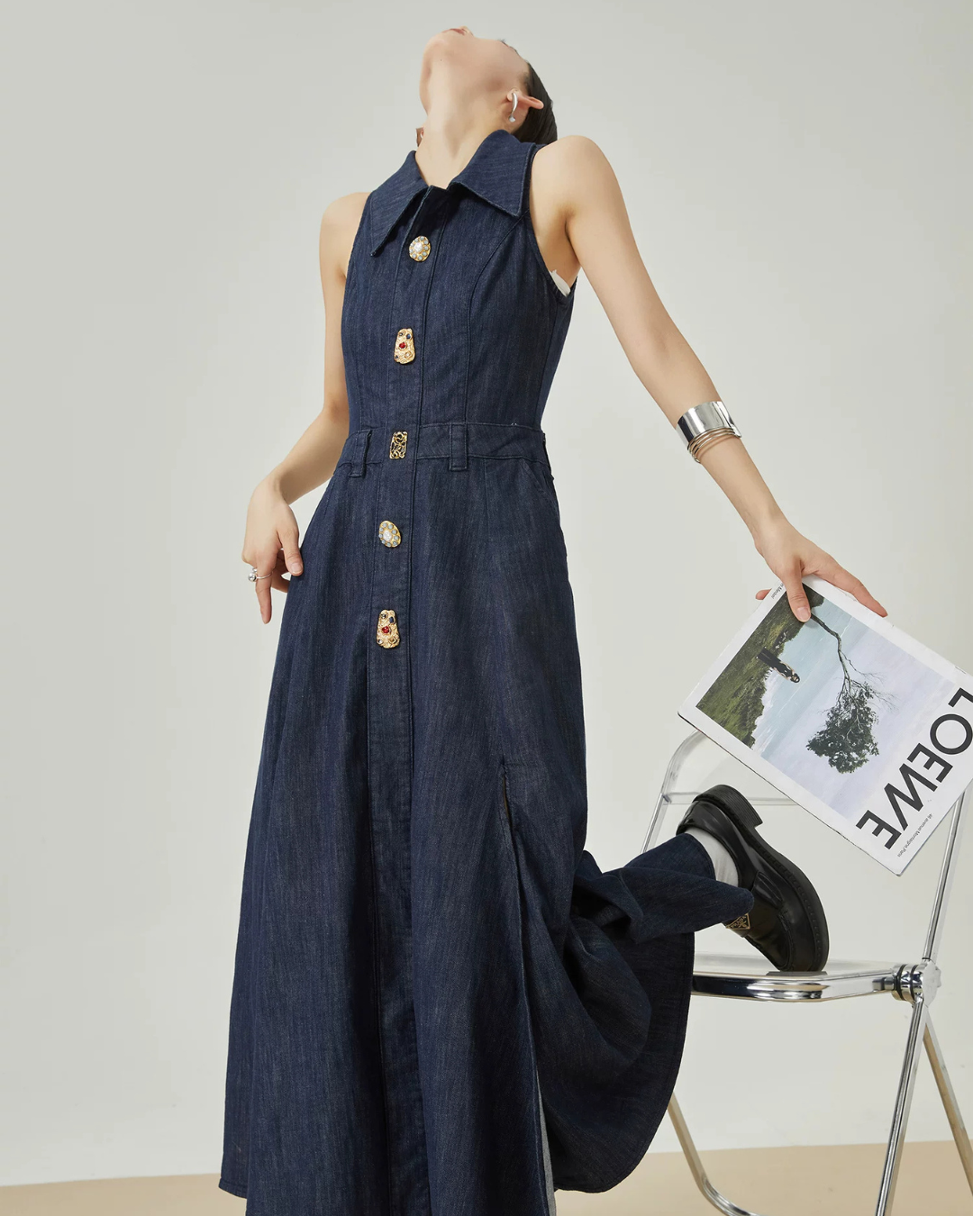 Gold Button Denim Sleeveless Dress FER0132