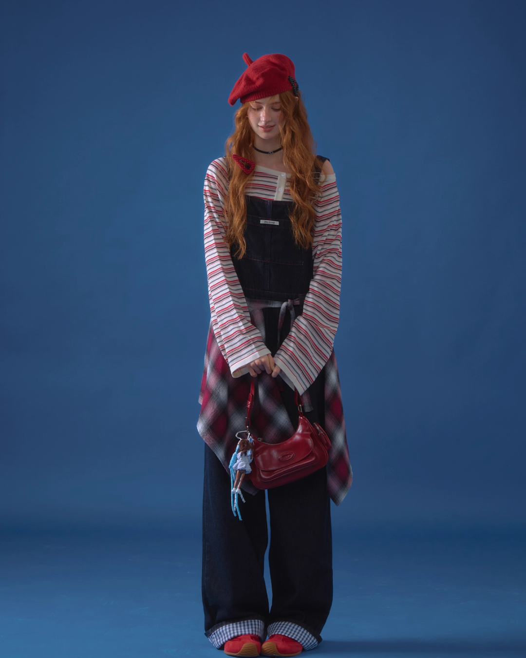 Half Button Border Top / Wide-Leg Denim Overalls ASG0053