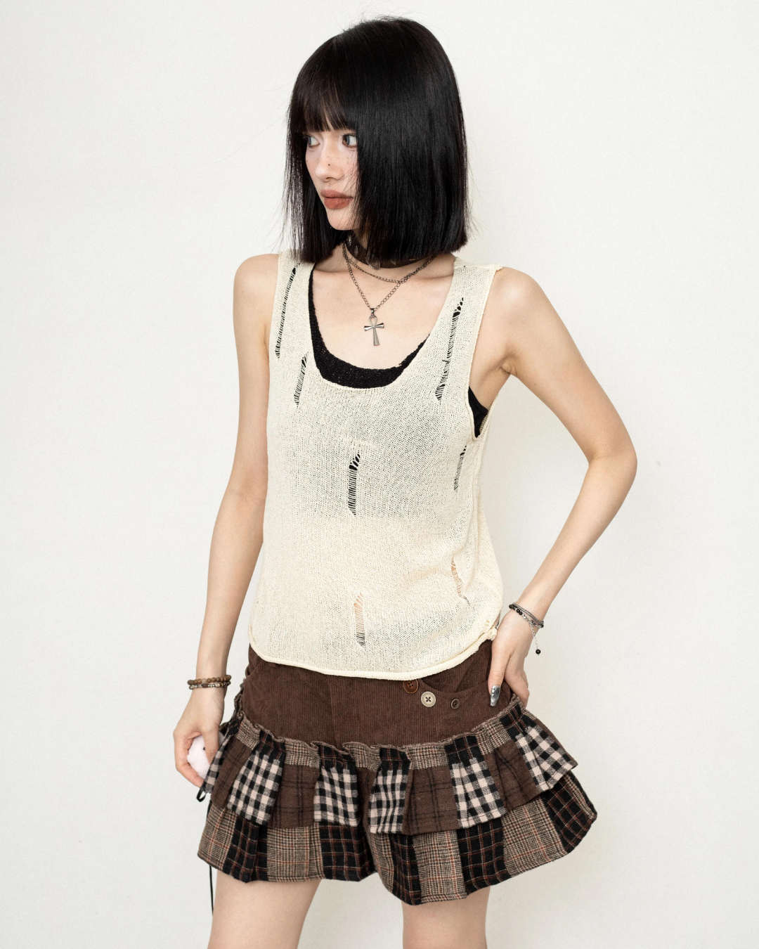 Layered Damage Knit Tank Top ZRS0073