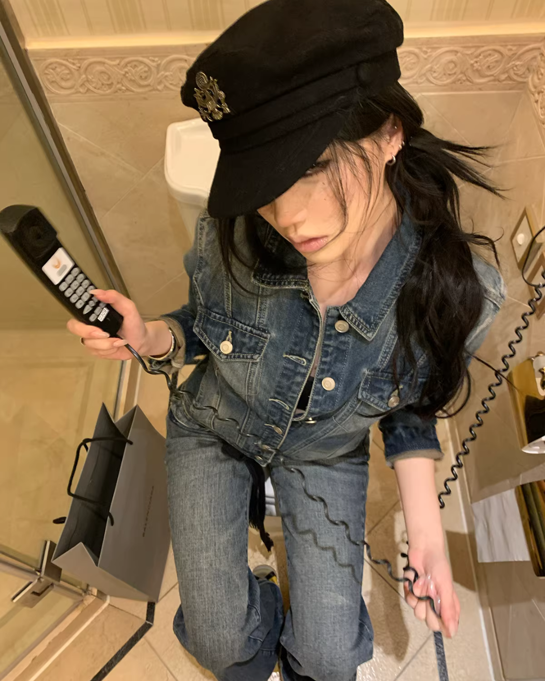 Washed Short Denim Jacket / Flare Slim Jeans IMX0008