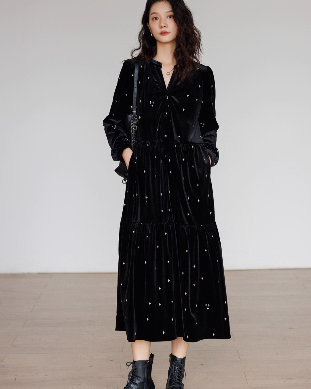 V-Neck Velour Elegant Dress VAS0141