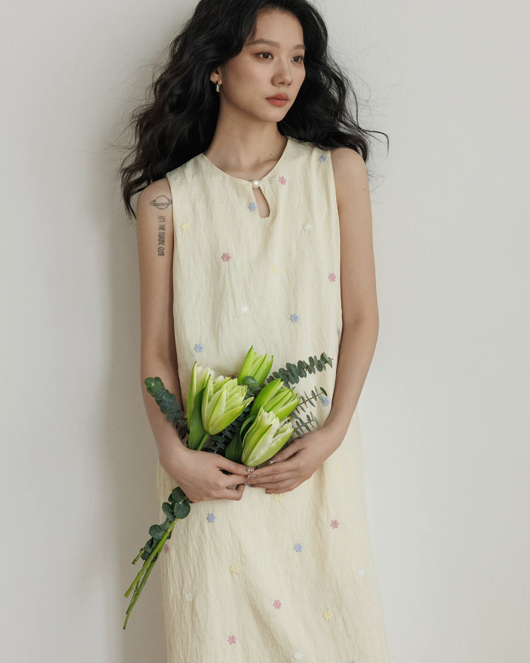 Flower Embroidery Pearl Button Long Dress VAS0203