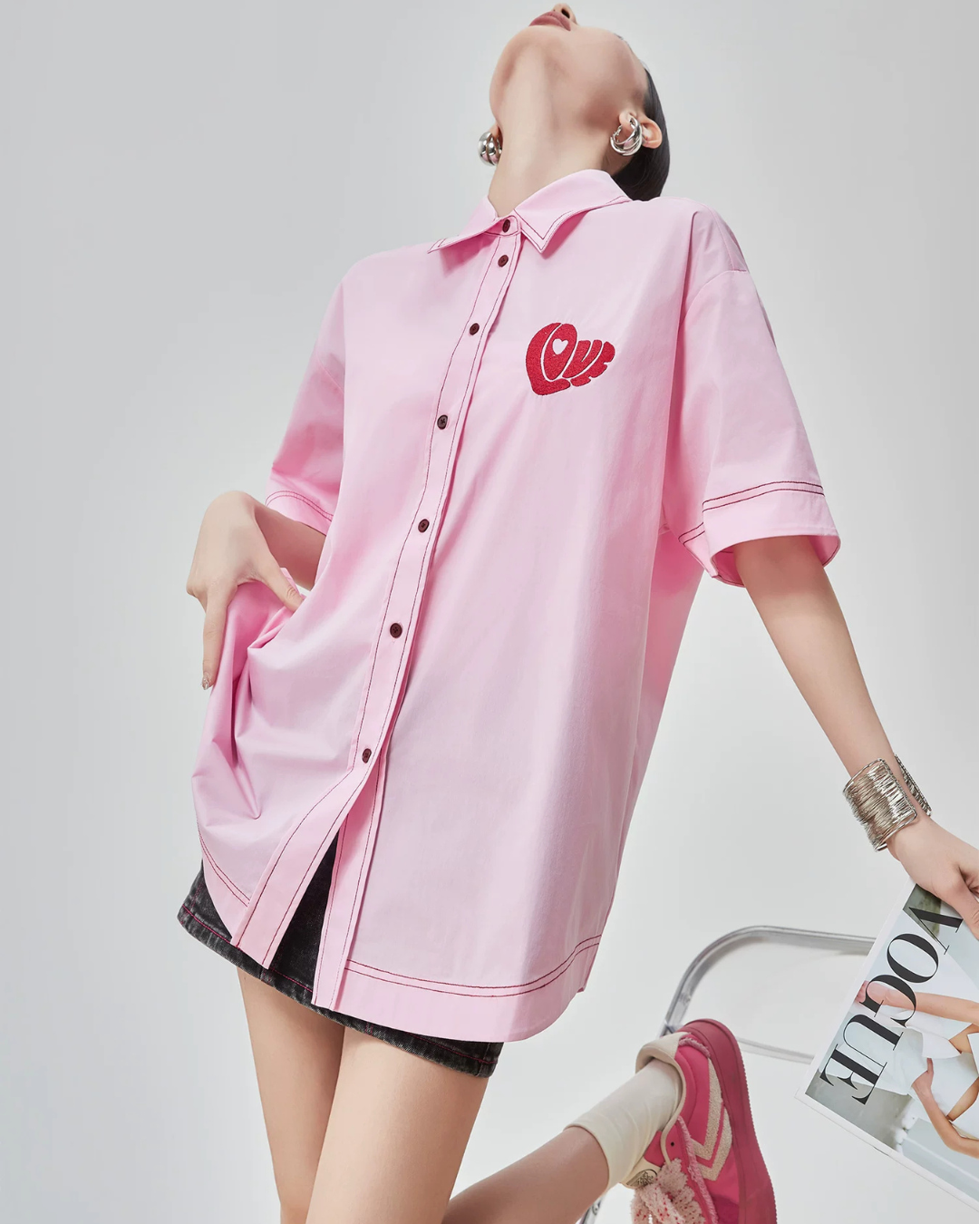 Heart Embroidery Short-Sleeve Shirt FER0176