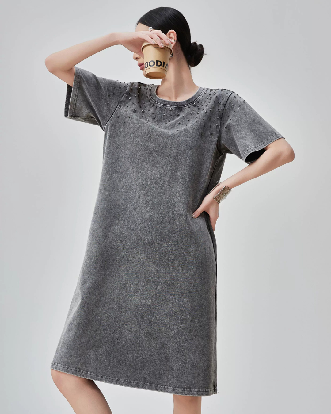 Chemical Wash Studs T-Shirt Dress FER0197