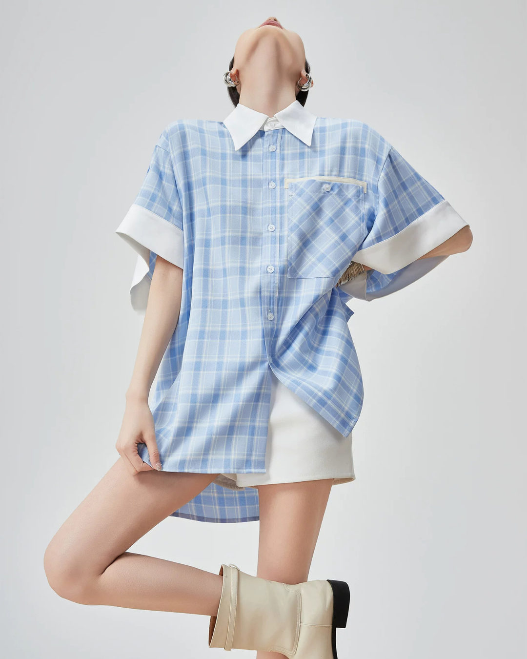 Plaid Patchwork Short-Sleeve Shirt FER0178