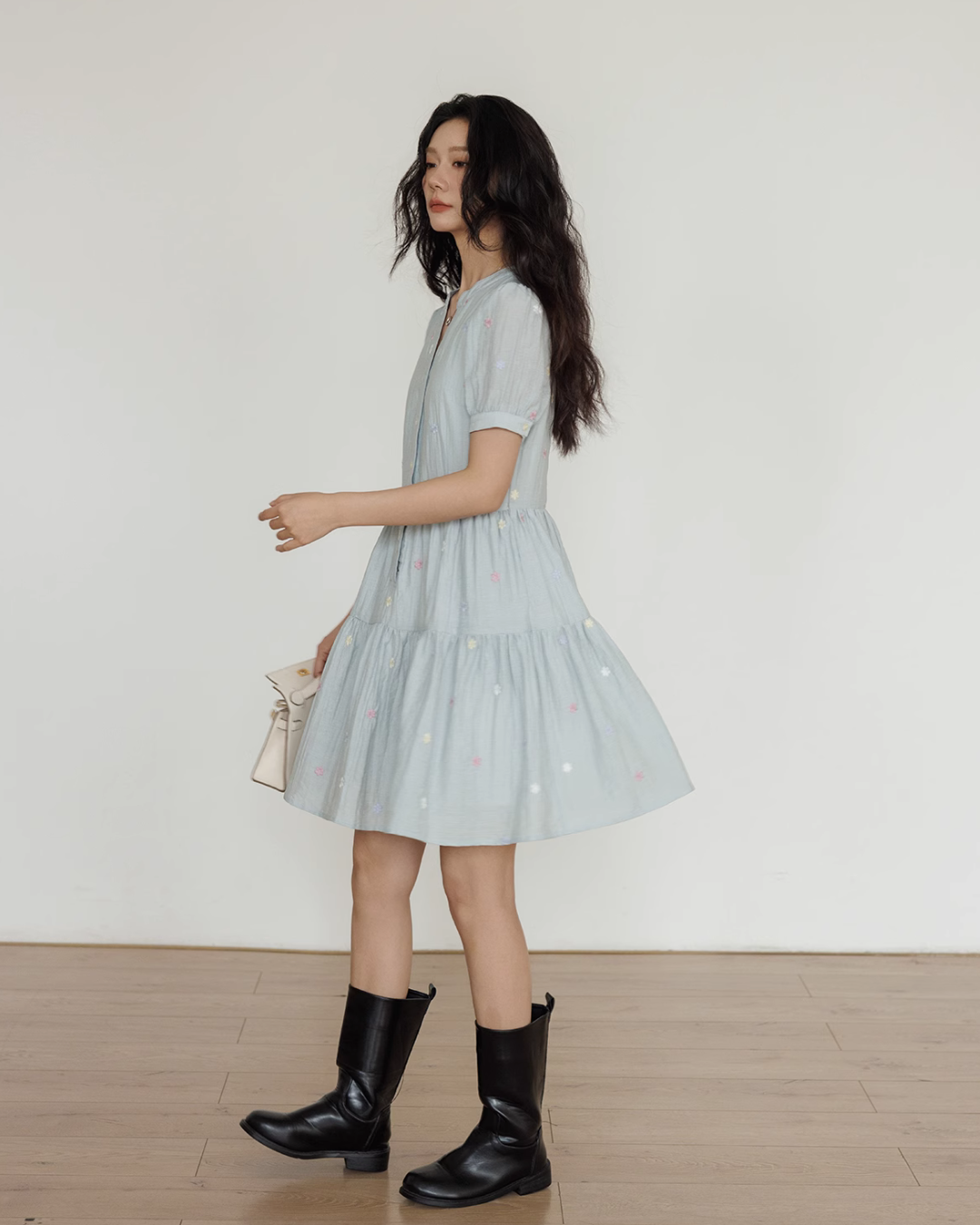 Flower Embroidery Tiered Mini Dress VAS0020