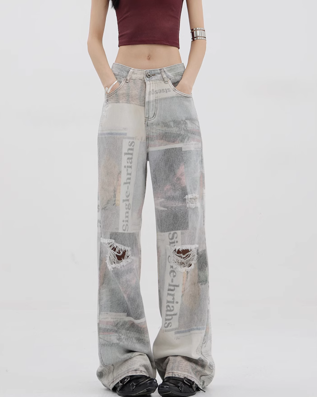 News Paper Print Wide Pants KNH0005