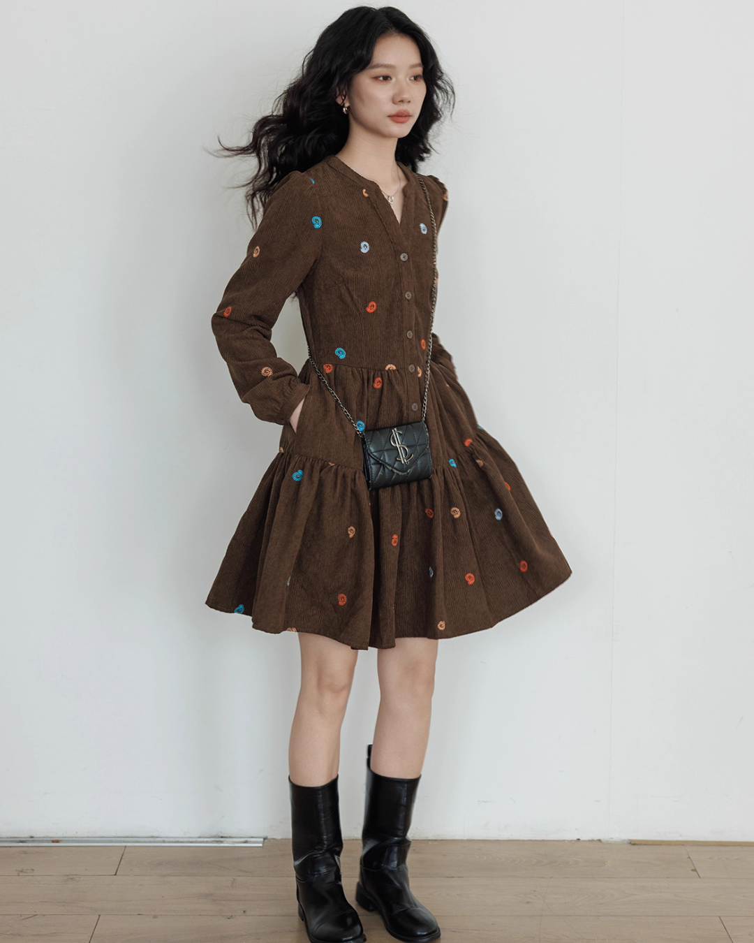 V-Neck Embroidered Shirt Dress VAS0169