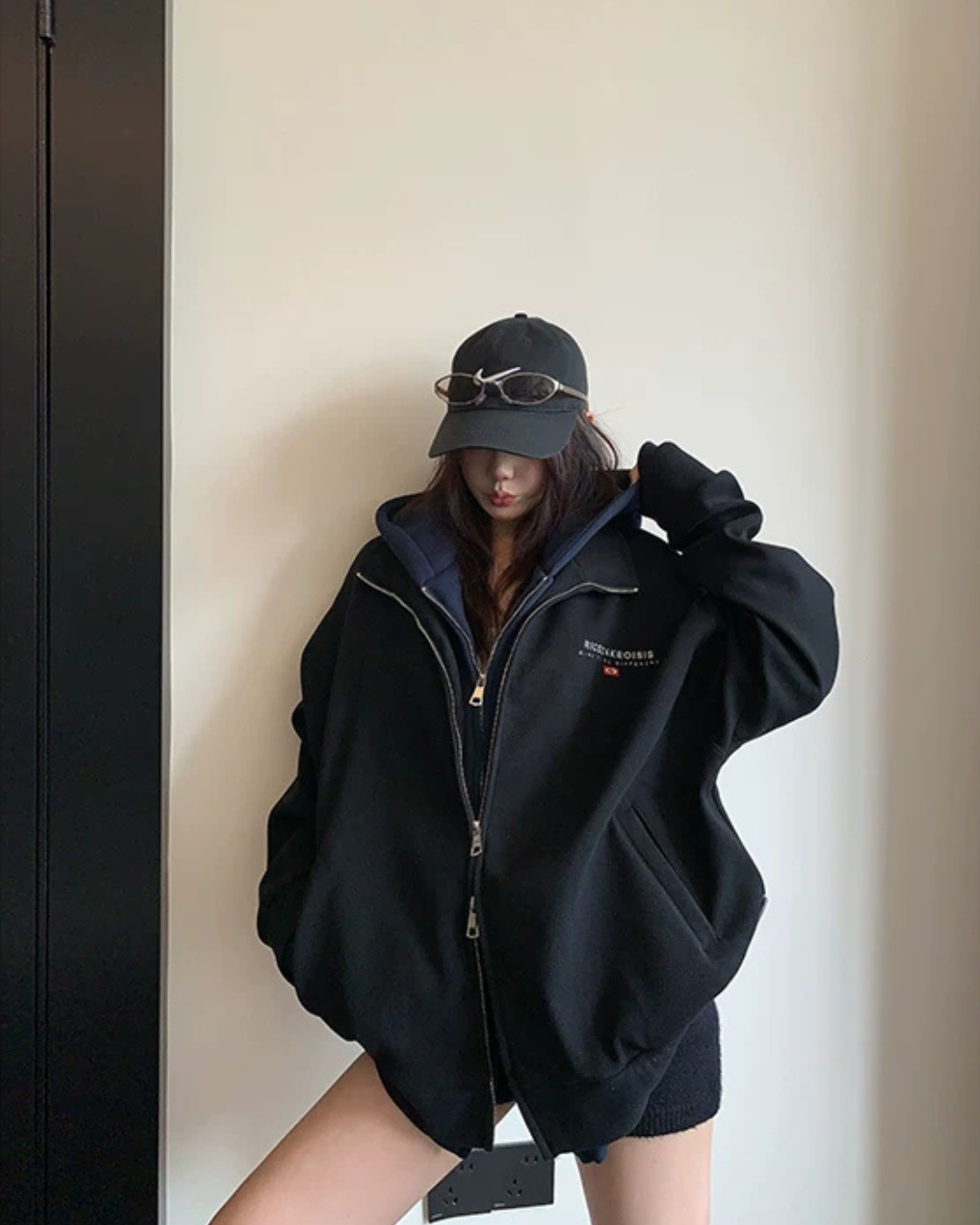 Labeled Button Double Zip Hoodie YLS1076
