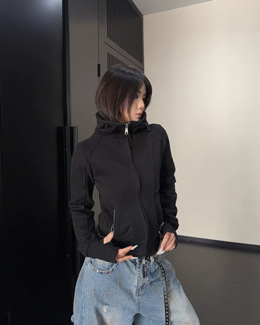 High-Neck Hooded Zip-Up Hoodie YLS1057