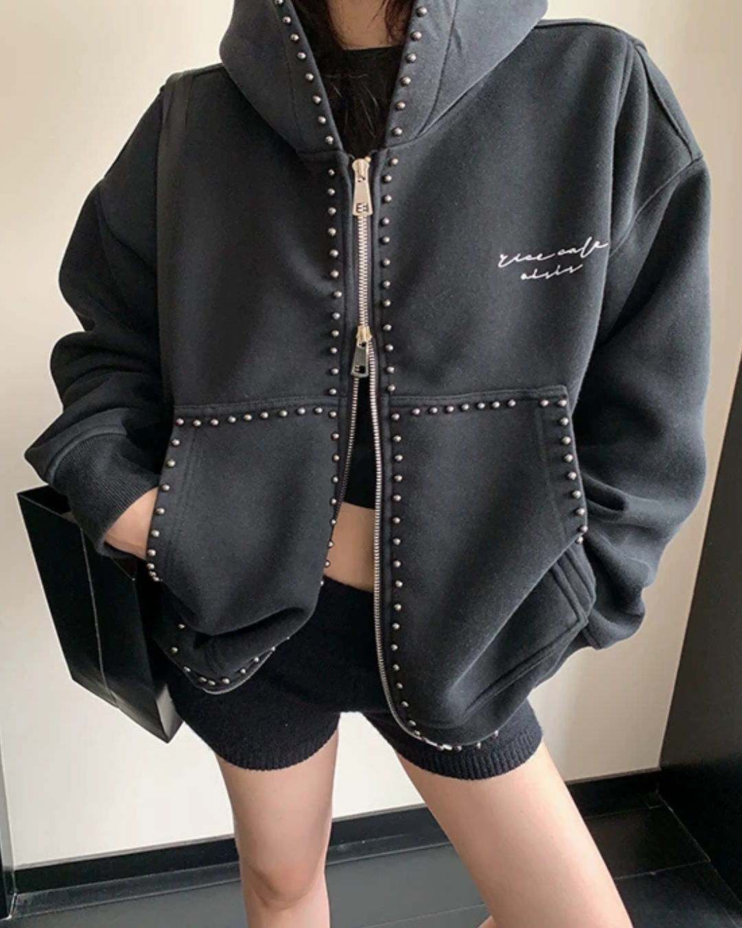 Studded Design Hooded Zip Jacket YLS1033