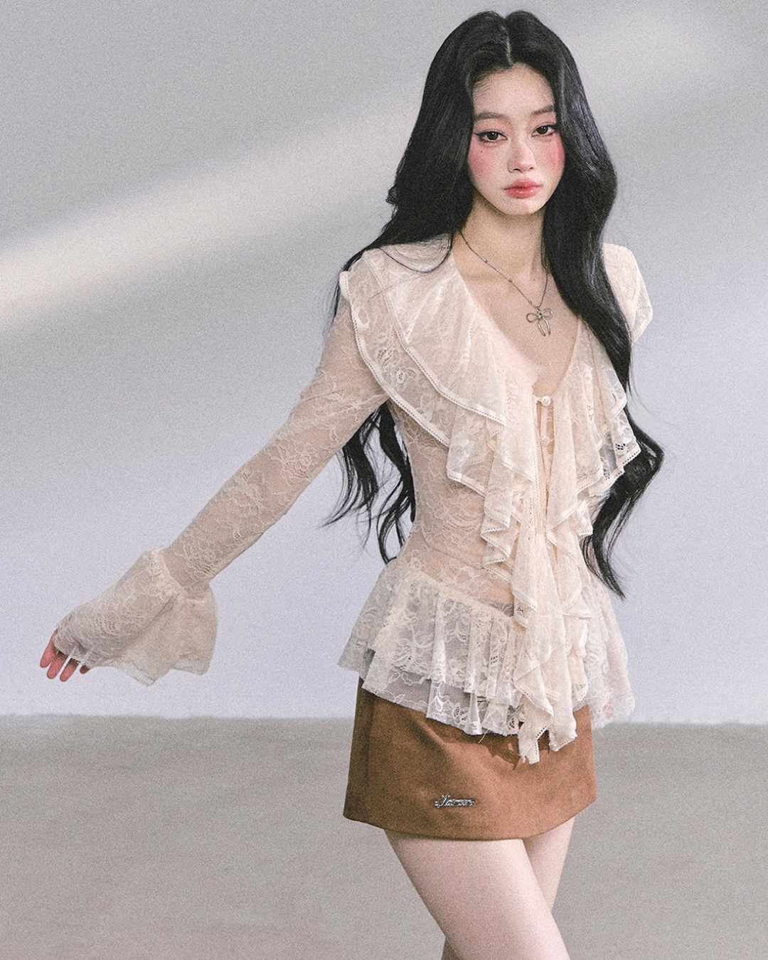Wool Blazer Jacket/Mini Skirt/Frill Lace Blouse LAS0042
