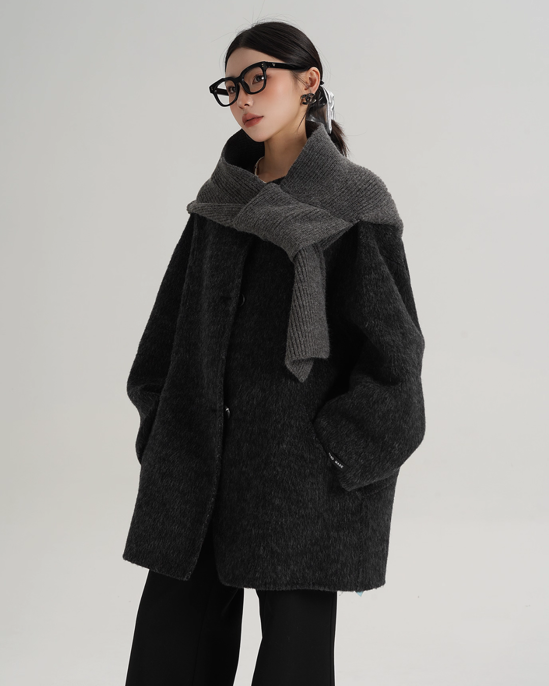 Hood Scarf Mid Length Wool Coat SRS0358