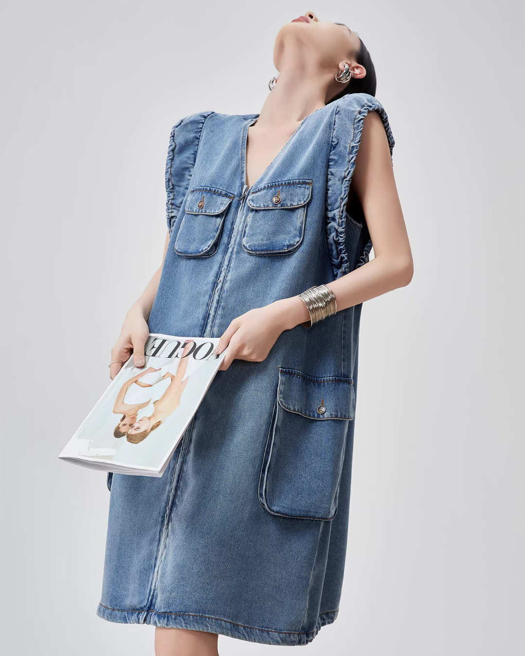 V-Neck Sleeveless Denim Dress FER0115