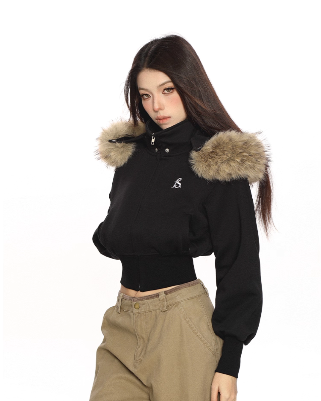 Fur Cropped Zip Up Hoodie BGS0013