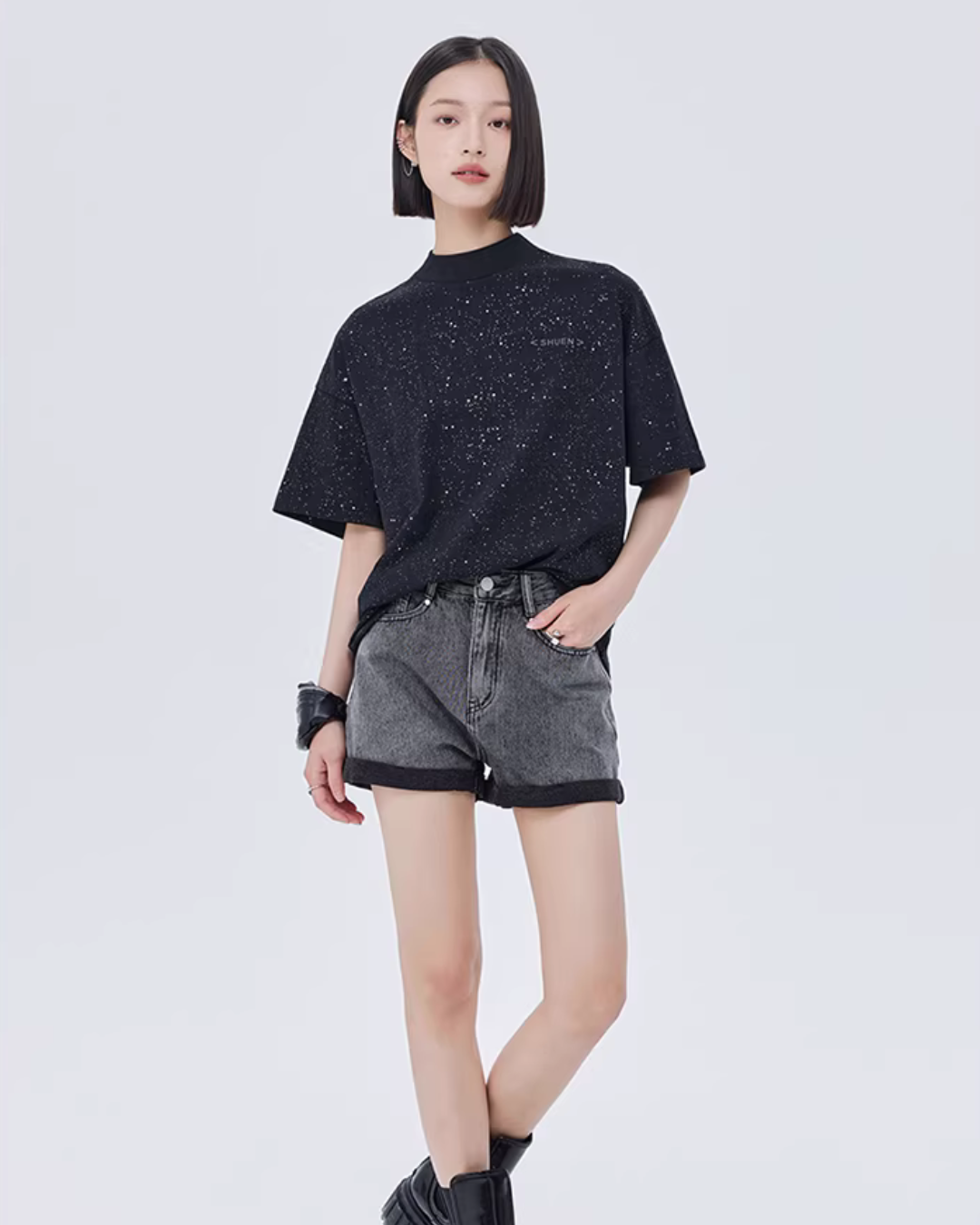 Sequin Mock Neck Short-Sleeve T-Shirt SHN0042