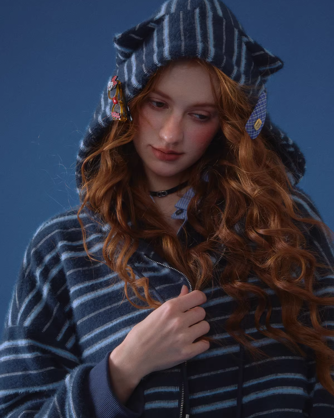 Striped Cat Ear Hoodie / Layered-Style Design Shirt ASG0076