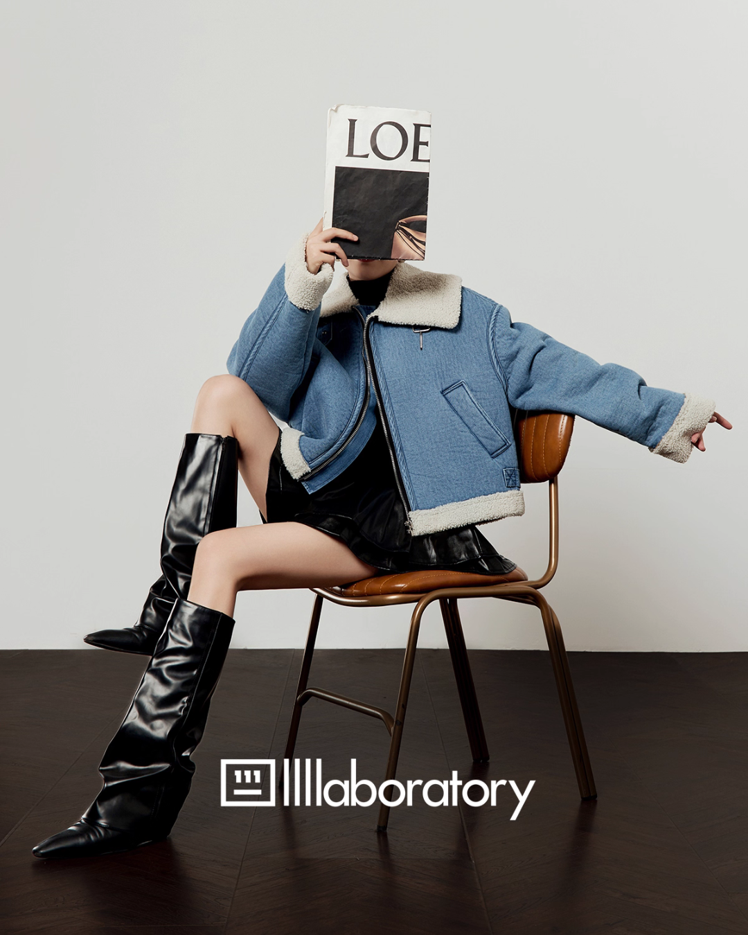 Denim Mouton Jacket / Leather Tiered Skirt  LLA0569