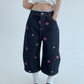 Heart Embroidery Design Wide Denim Pants YLS0851