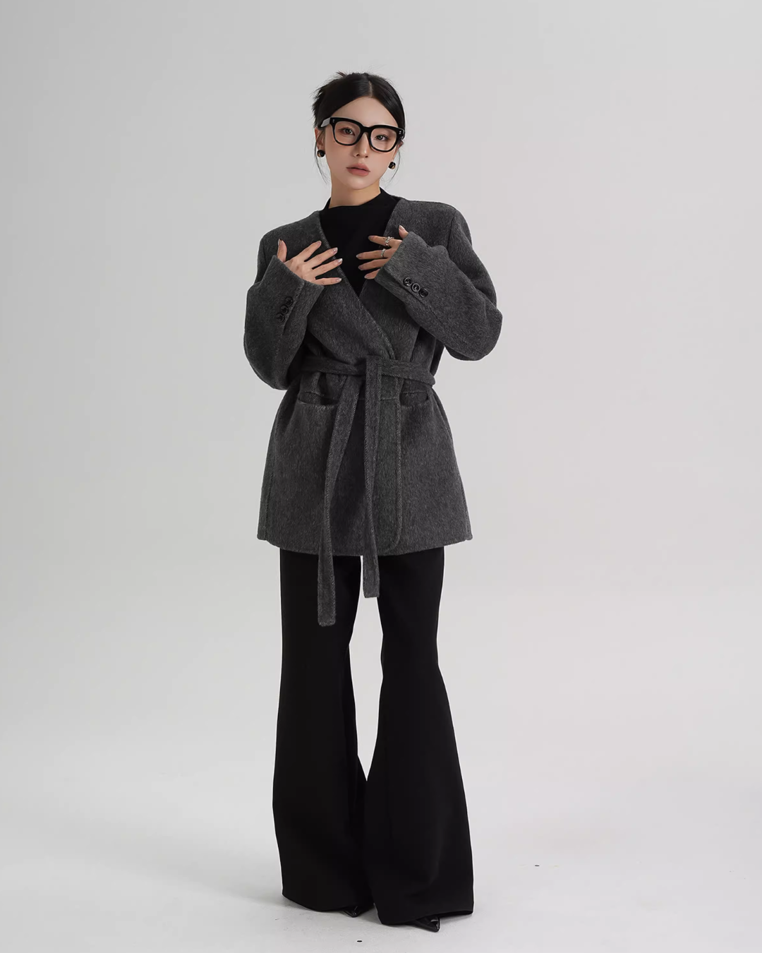 Collarless Wool Coat with Choker SRS0393